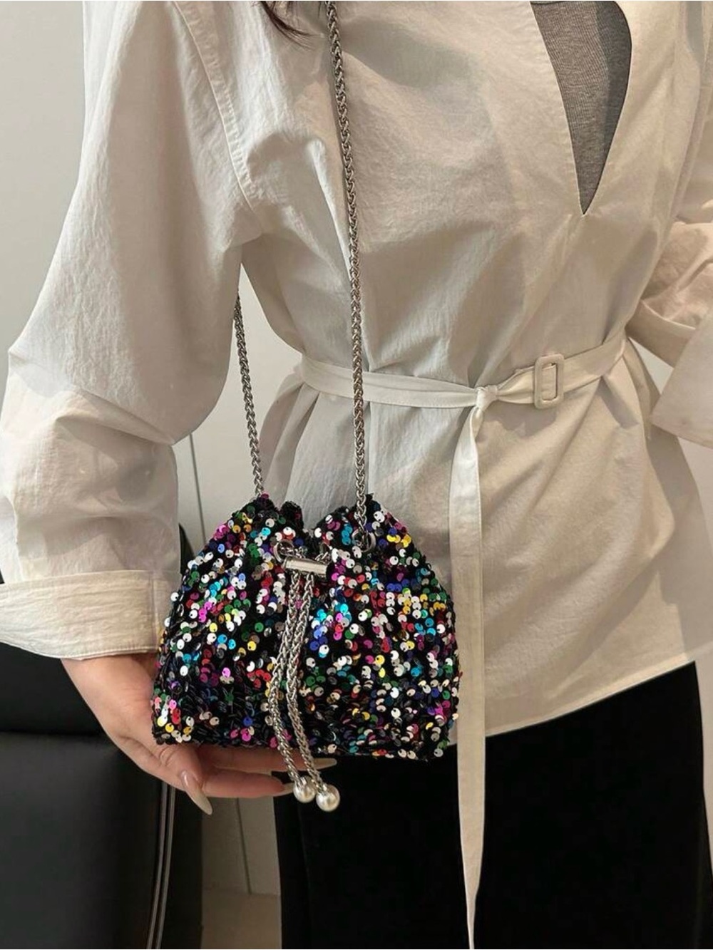 Drawstring Closure PVC Sequins Shiny Bucket Bag With Metal & Pearl Decoration